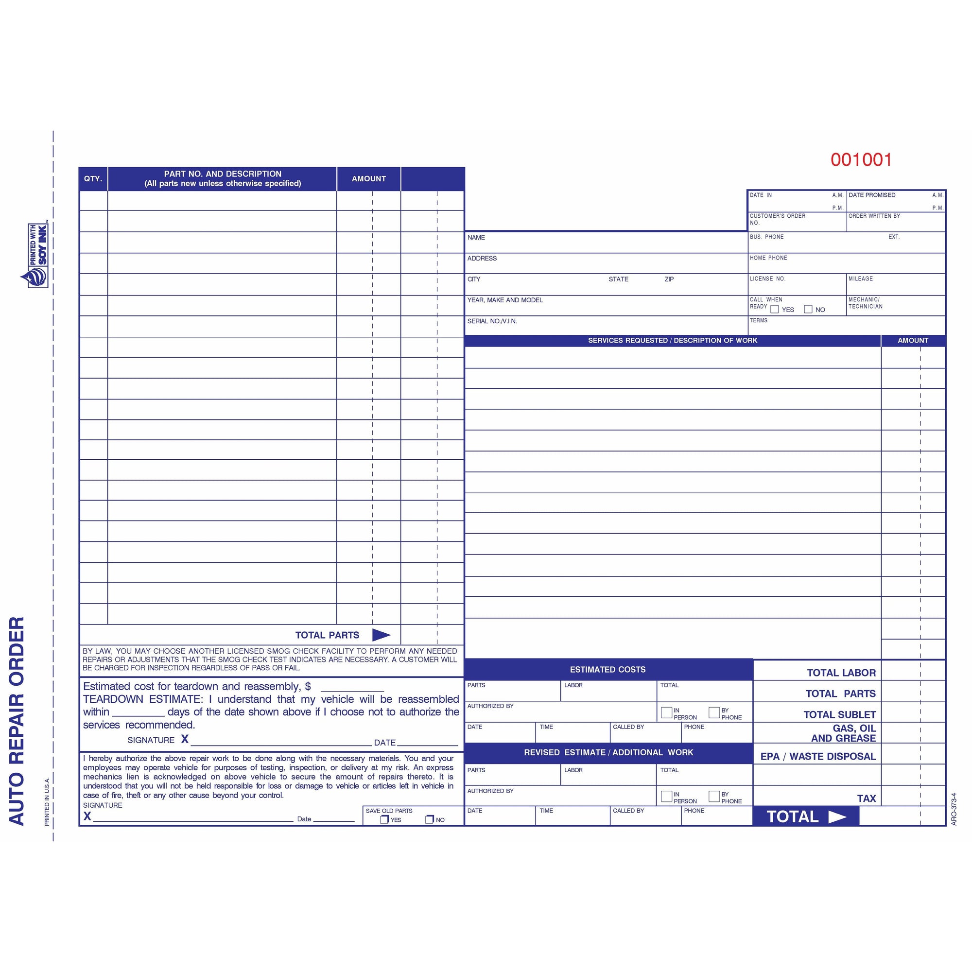 Auto Repair Forms QTY 250 ARO-373-4