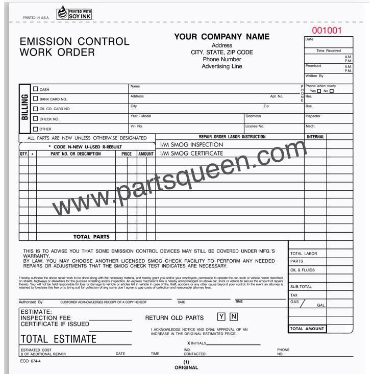 Emission Control Work Order - 1000 Qty #ECO674-4