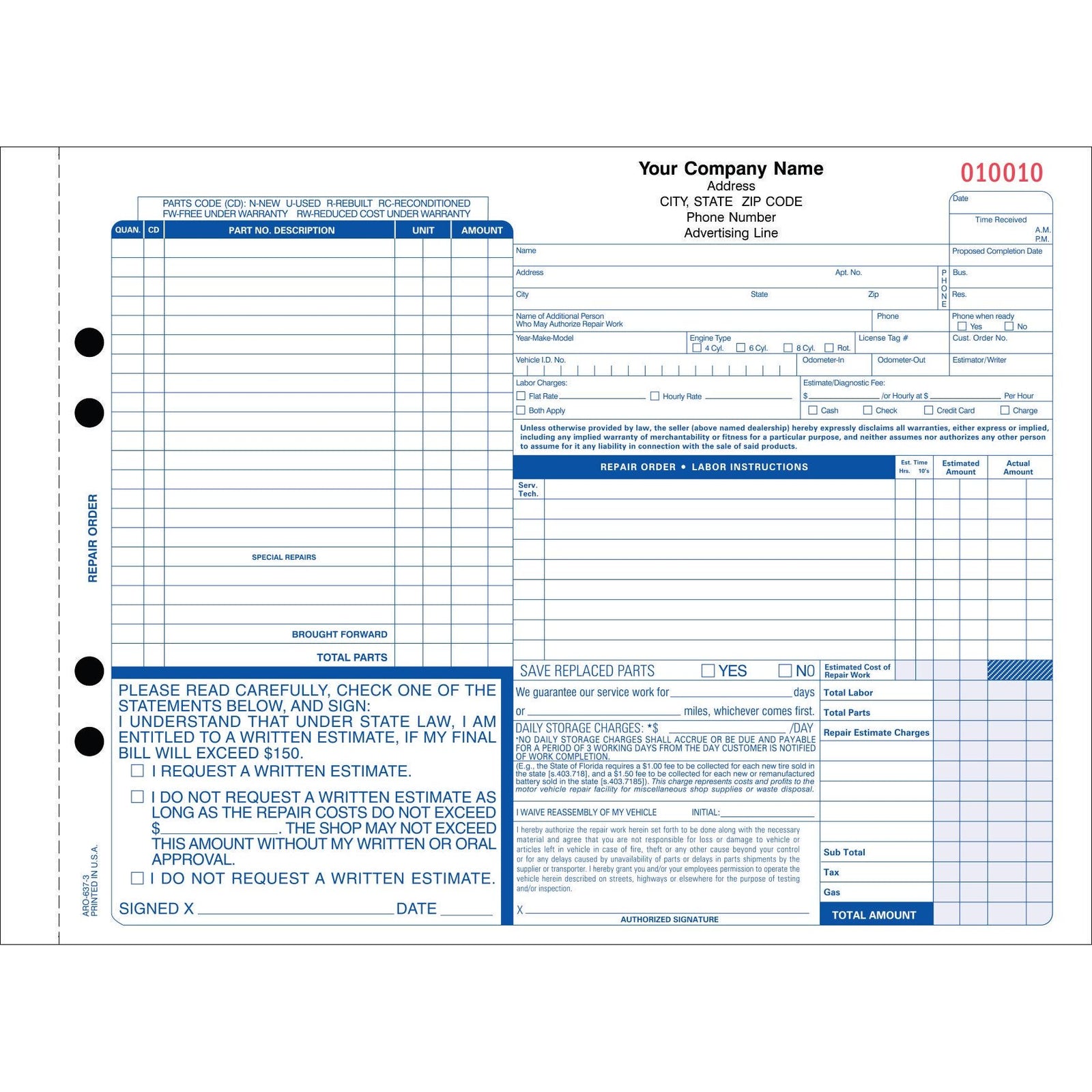 ARO-637-3 FL AUTOMOTIVE REPAIR ORDER