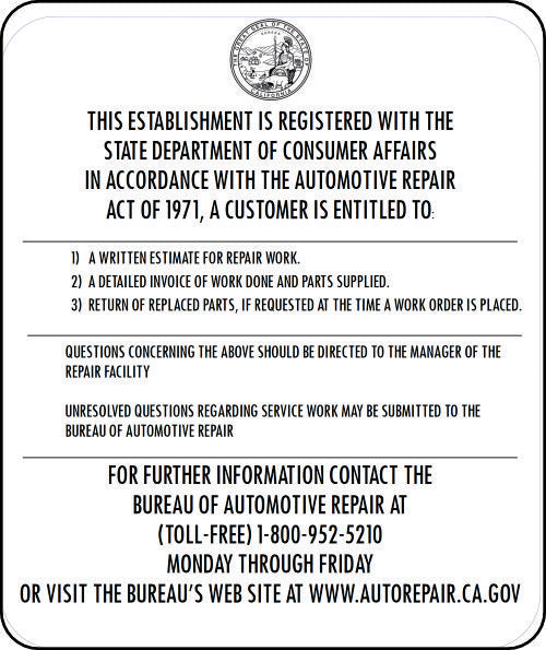 BUREAU OF AUTOMOTIVE REPAIR APPROVED SIGN - BAR / ARD REGISTRATION SIGN