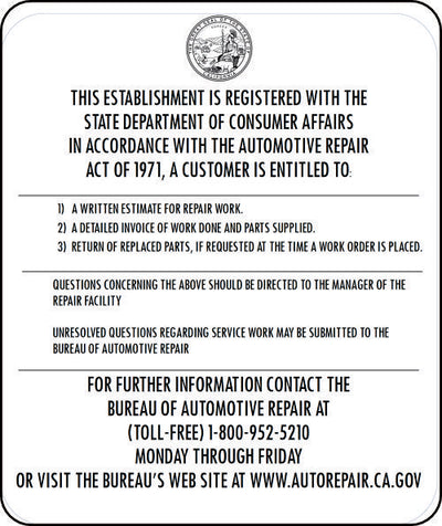 BUREAU OF AUTOMOTIVE REPAIR APPROVED SIGN - BAR / ARD REGISTRATION SIGN