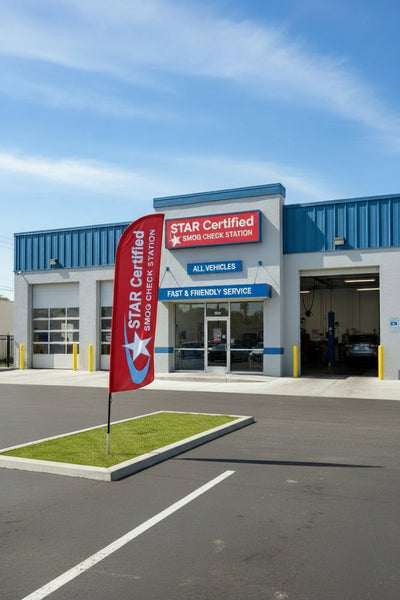 A red feather flag with white and blue graphics reading 'STAR Certified SMOG CHECK STATION' shown next to a set of silver telescoping metal poles on a white background.