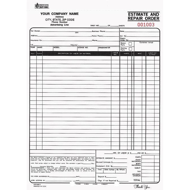Estimate & Repair Form - Carbonless -  EROCC-560-2