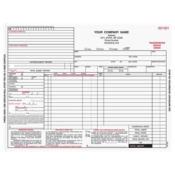 TRO-638-4-250 TRANSMISSION REPAIR ORDER FORM