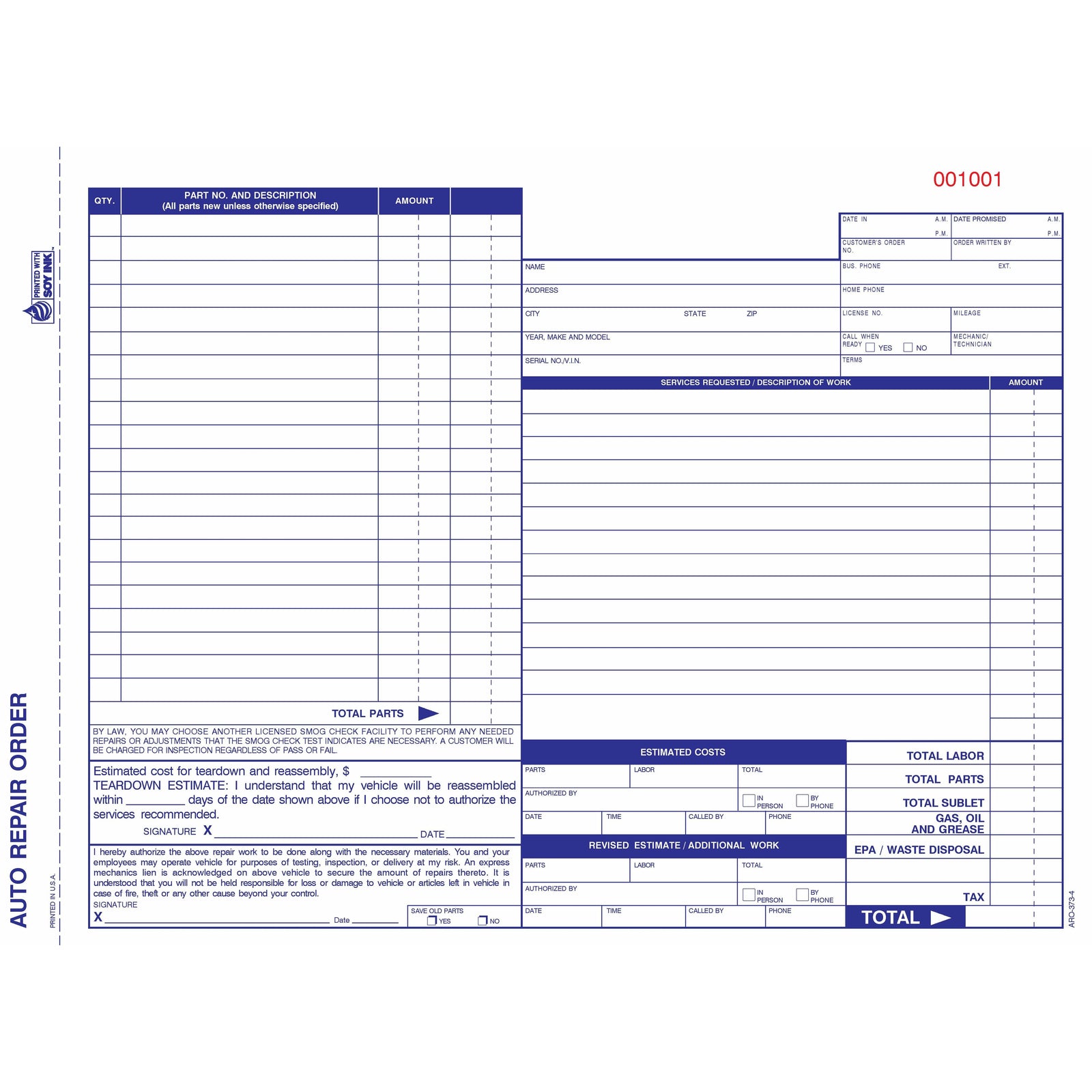 Auto Repair Forms QTY 1000 ARO-373-4