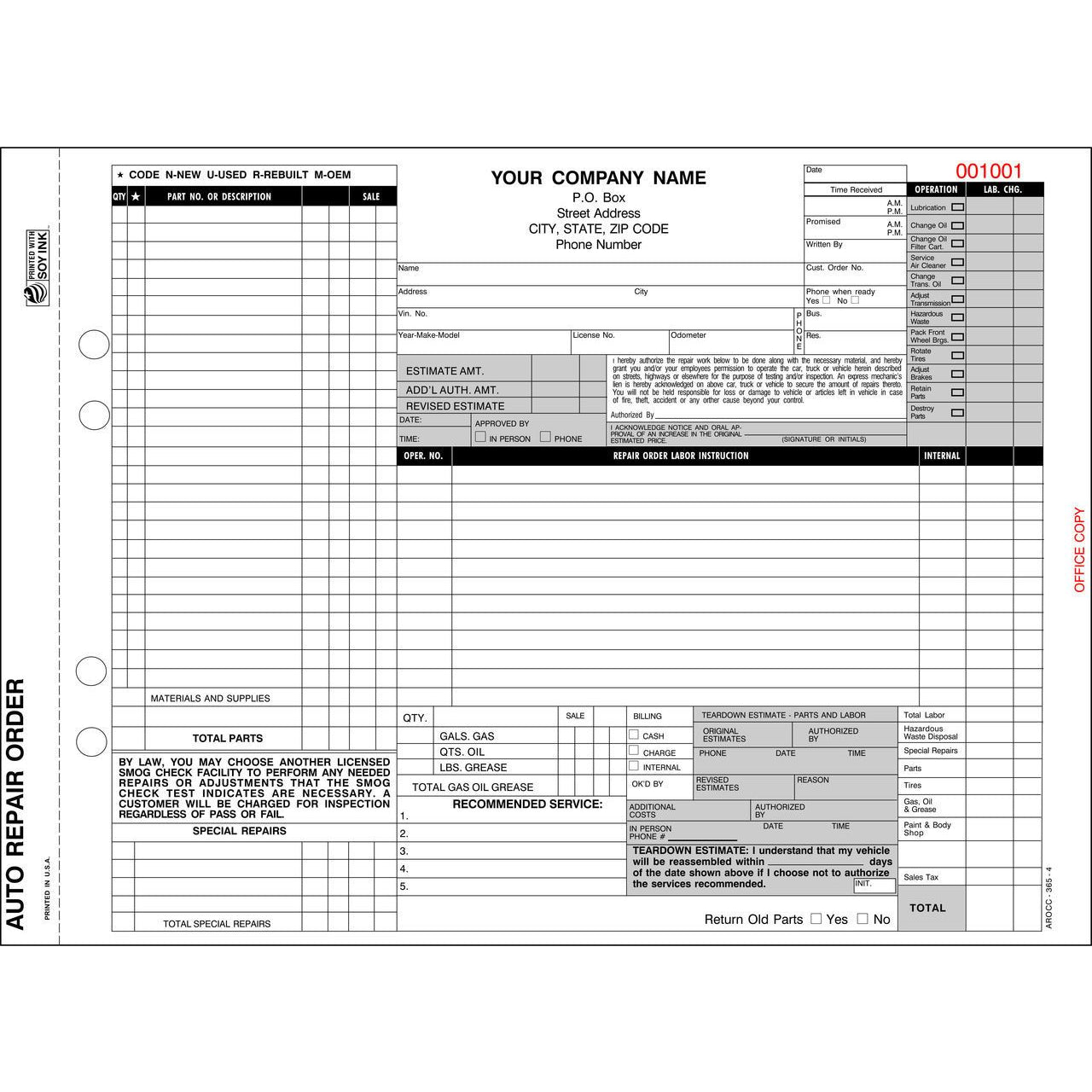 Carbonless Repair Form - 500 qty #AROCC-365-4