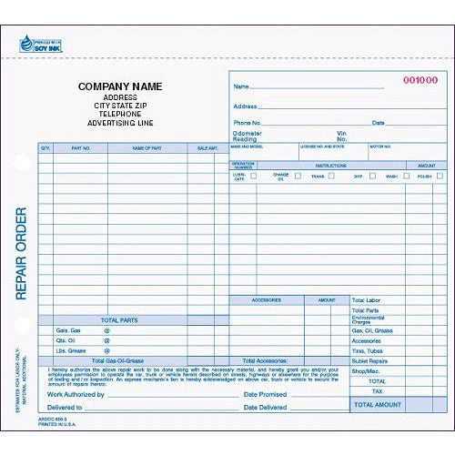 3 Part Auto Repair Service Form - 250 qty  AROCC-600-3