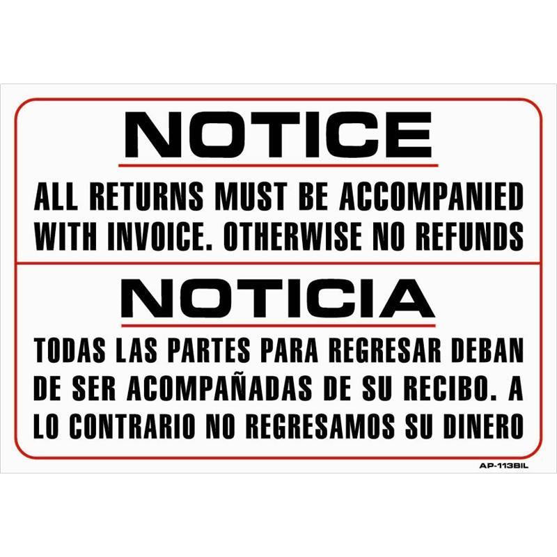 RETURNS W/ INVOICE SIGN #AP113