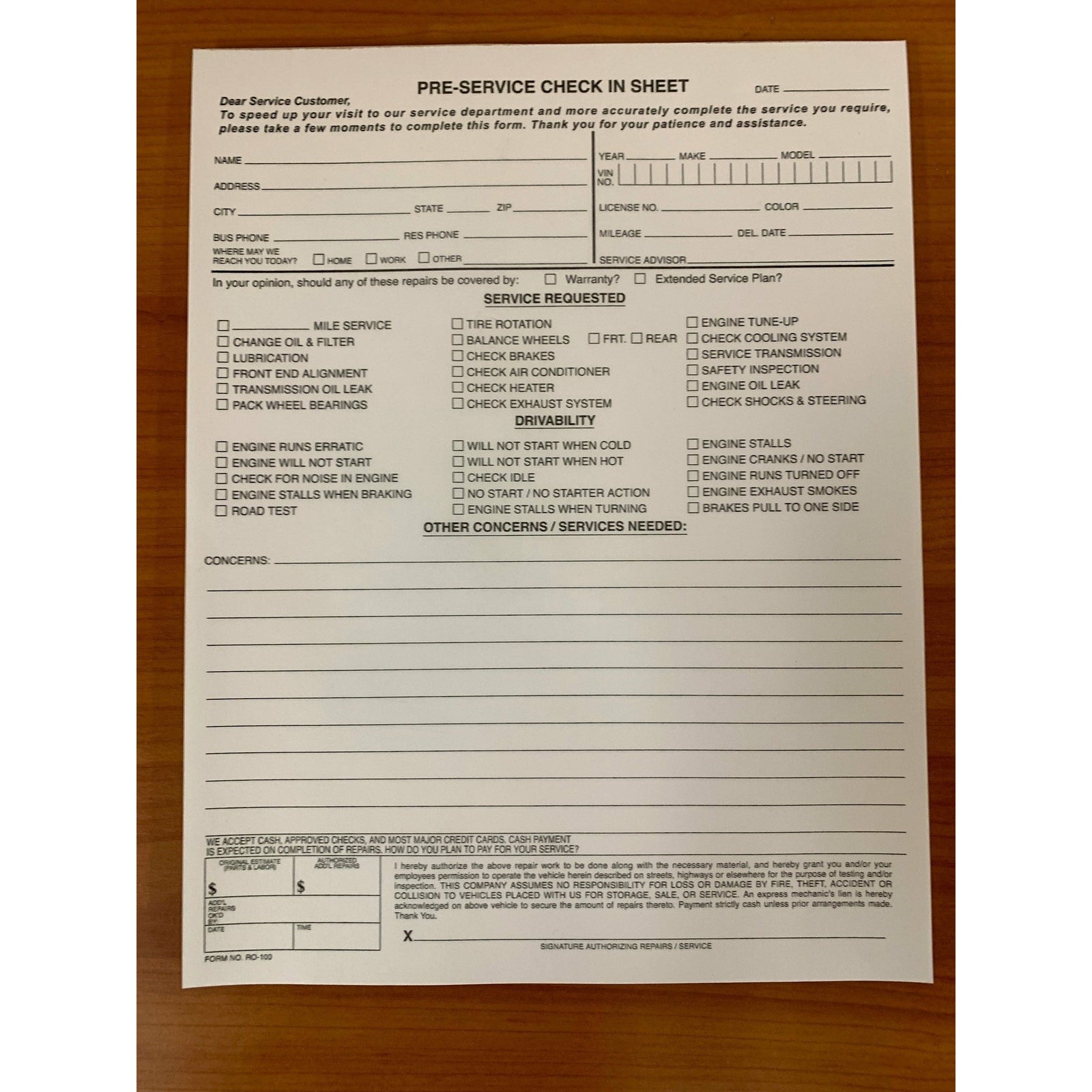 REPAIR CHECK IN FORM #RO100