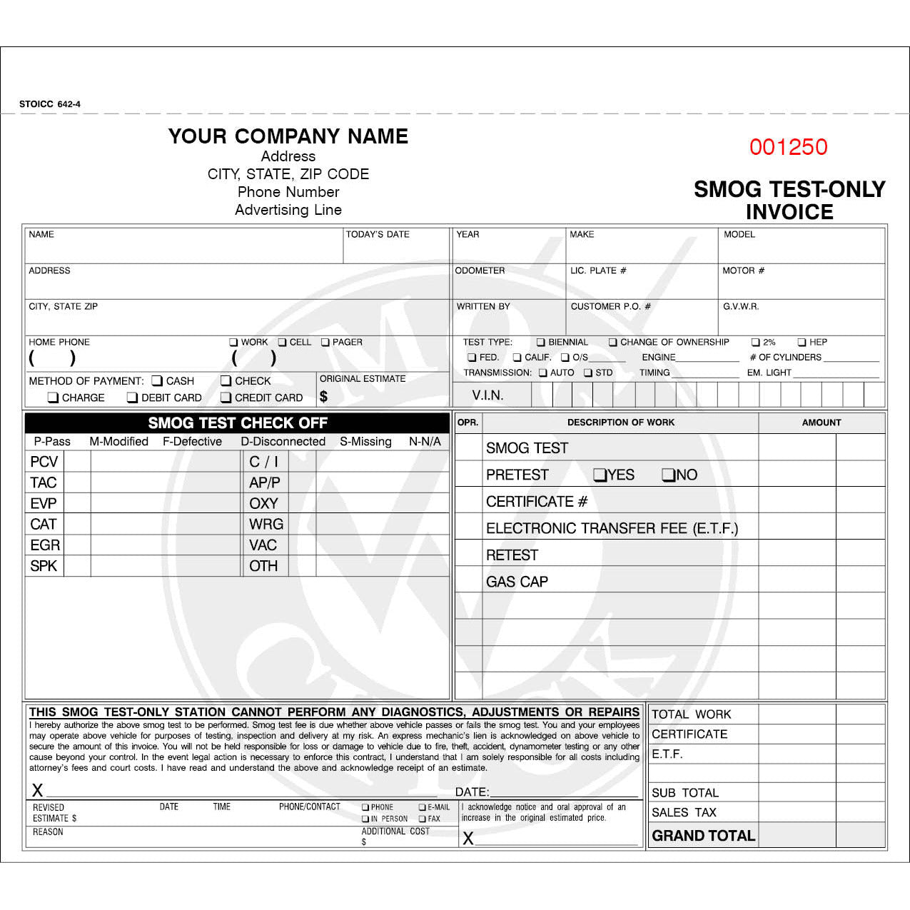 SMOG FORMS Test Only 4 Part Work Order 1000Qty #STOICC-642-4