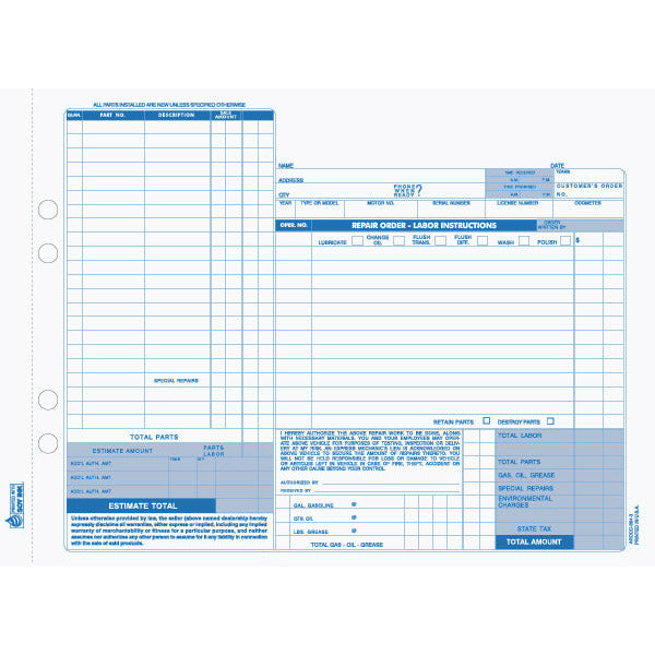 Carbonless 3 Part Auto Repair Service Form - 1000 qty  AROCC-664-3