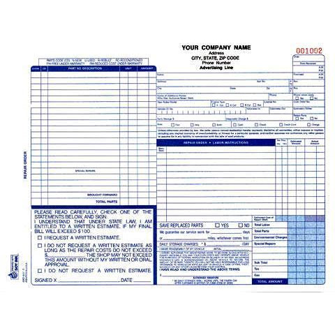 Auto Repair Form - 500 QTY #ARO-647-3