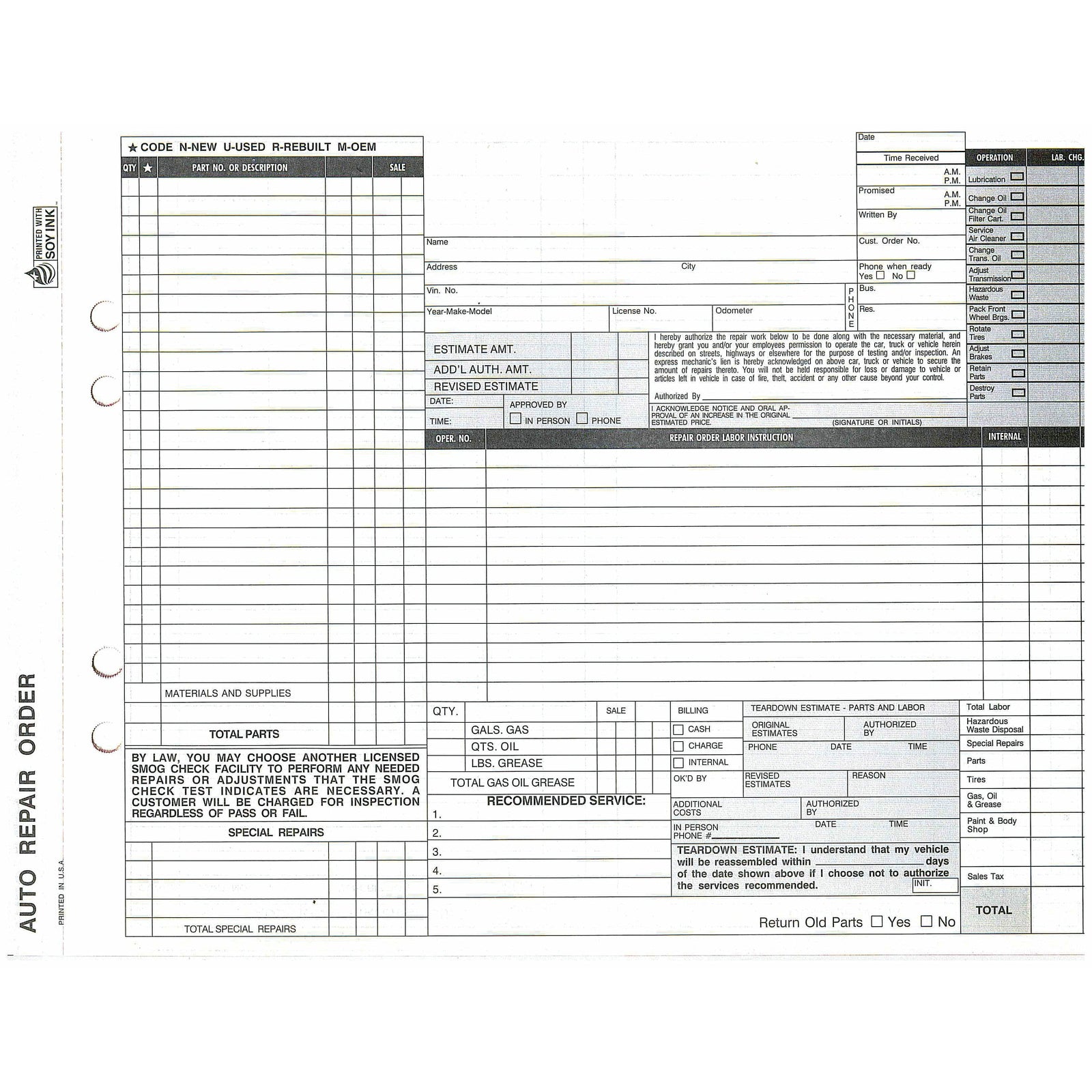 Carbonless Repair Form - 250 qty AROCC-365-4
