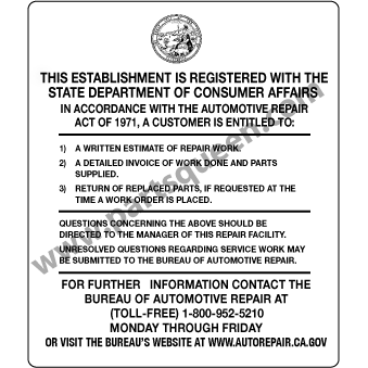 BUREAU OF AUTOMOTIVE REPAIR APPROVED SIGN - BAR / ARD REGISTRATION SIGN