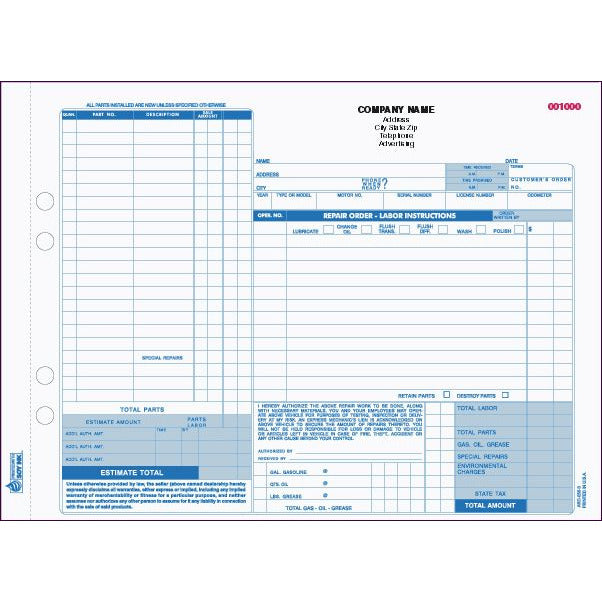Auto Service Form - 500 qty  #ARO-656-3