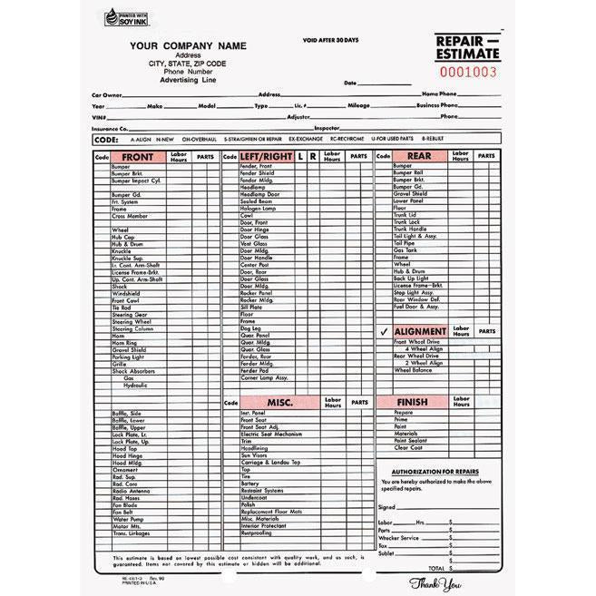 Repair & Estimate Form - 250QTY #RE-661-3