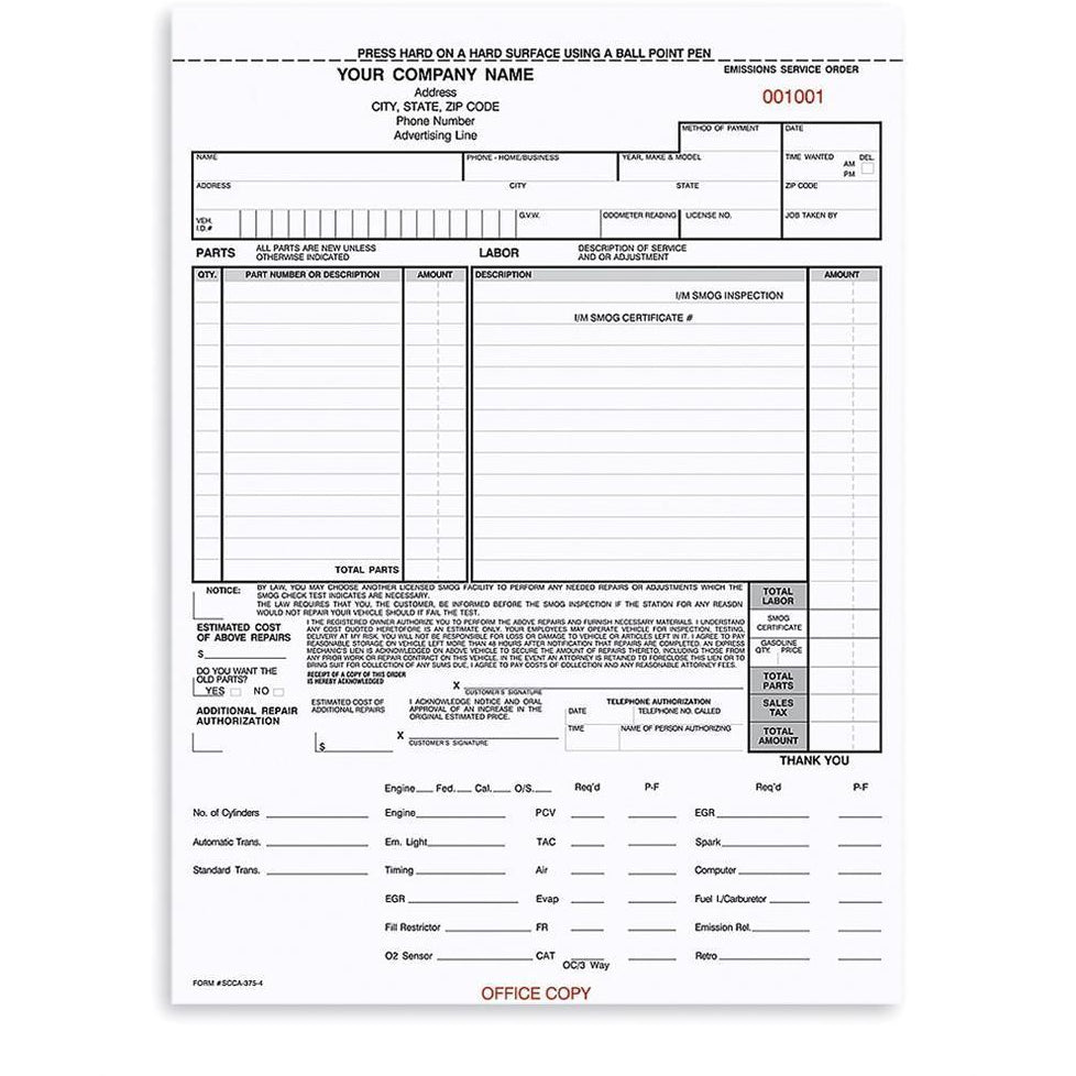 Emission Work Order - 250 Qty - #SCCA-375-4
