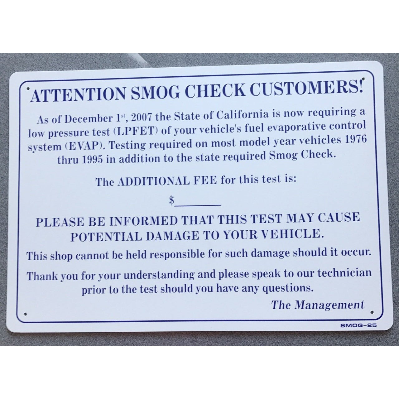 EVAP TEST PRICE SIGN, WITH COST & DAMAGE WARNING  SMOG25