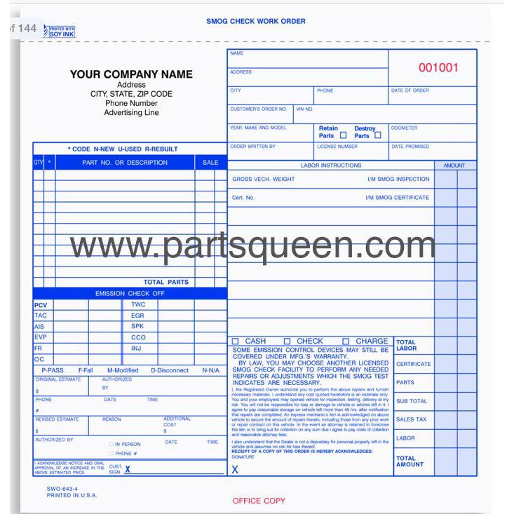 Carbonless Smog Check Work Order Qty 1000 SWOCC-640-4