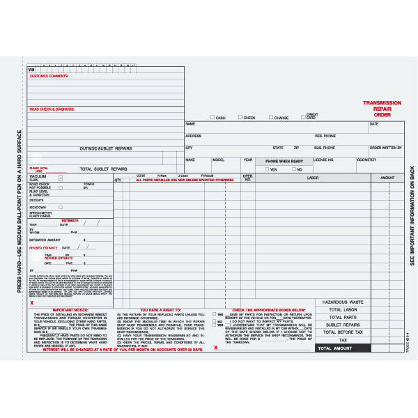 TRANSMISSION Carbonless Repair Form - 1000 qty TROCC-633-4